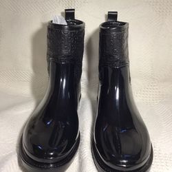 Michael Kors Signature Logo Rain Boots In Black Rubber & Leather Waterproof Size 8