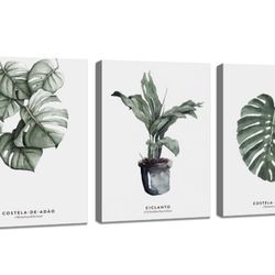 3 Pieces Framed Canvas Prints Simple Life Green Leaf Painting Canvas Art Minimalist Watercolor 12x16x3