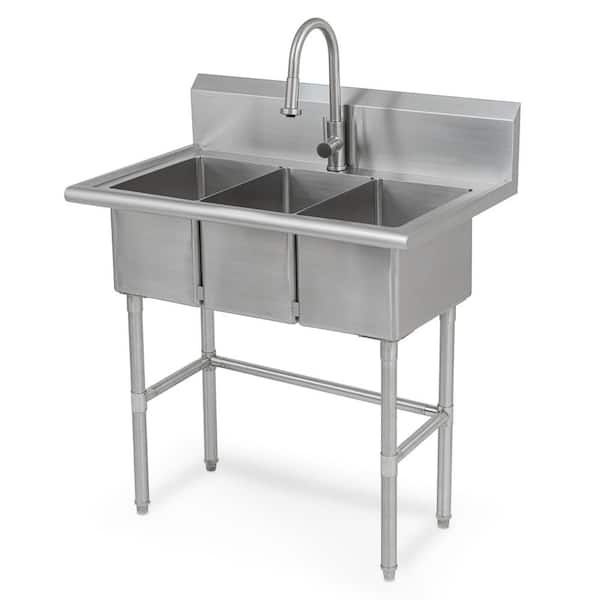 38 in. W x 24 in. D Freestanding Stainless Steel 3-Compartment Commercial Laundry/Utility Sink