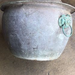 Vintage Chinese Wrought Brass Planter Vase With Dragon Handles And Holes To Drain Water