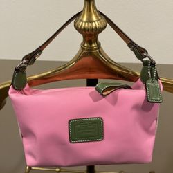 Coach Pink Nylon Green Leather Trim Small Top Handle Pouch Bag Vintage