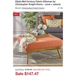 Noble House Mid Century Fabric Ottoman Coral