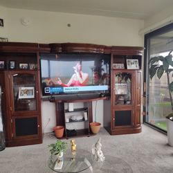 Mahogany Wall Unit Holes Up To 75-in Screen TV Glass Shelves Pull Out Drawers For Videos And Storage