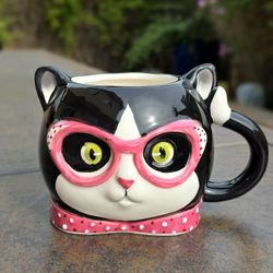 Retro Black Cat With Polka Dot Pink Glasses Coffee Tea Cup Mug