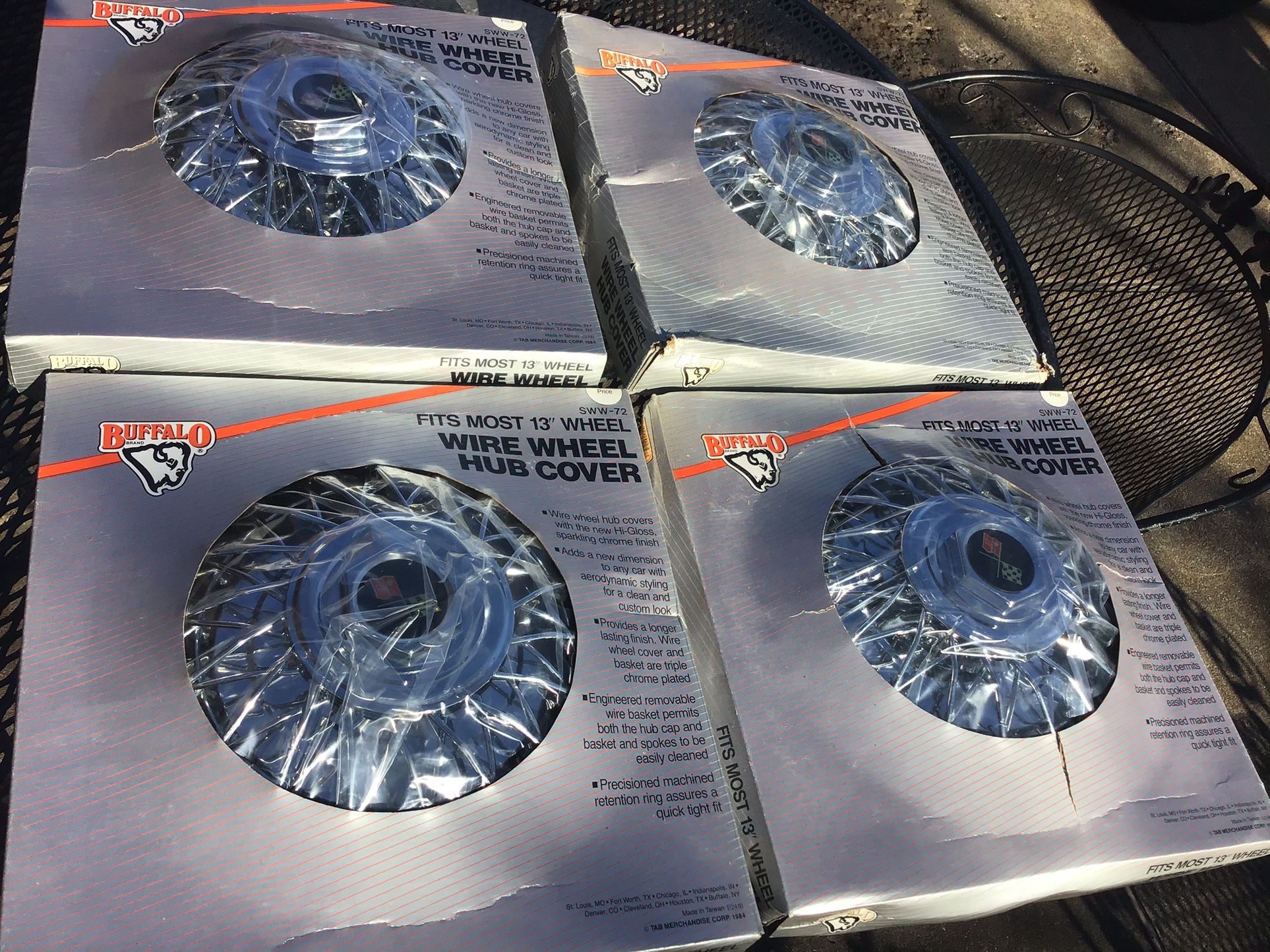 4 New In Box Metal 13” Wire Wheel Hub Covers Chrome