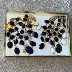 Eye-Catching Statement Necklace - Gold Tone with Blue, Black & White Oval Stones