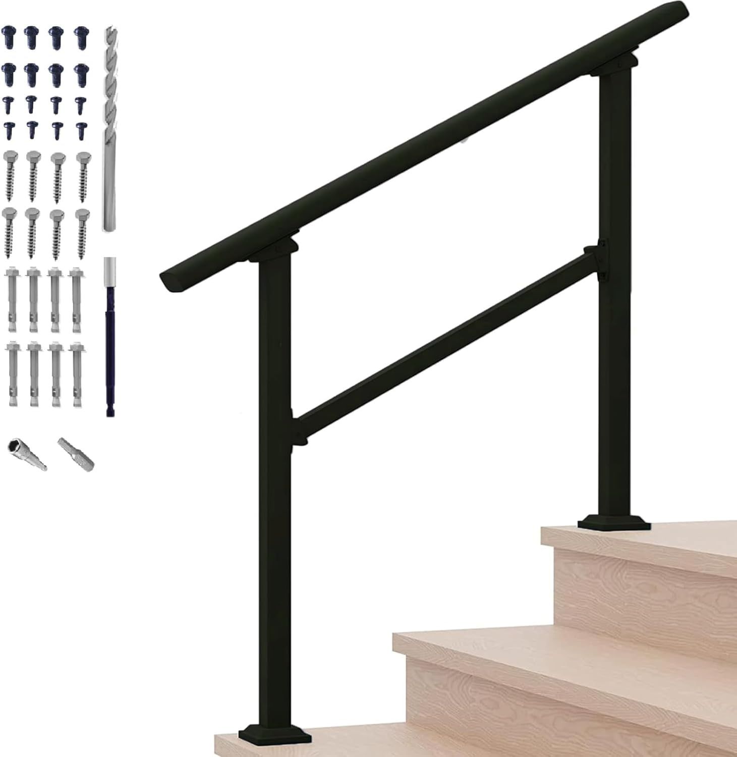 Hand Rails for Outdoor Steps,3 Step Stair Handrail & Indoor Stair Railing Kit,Black Railings for Outdoor Steps and Hand Rails for Seniors for Por