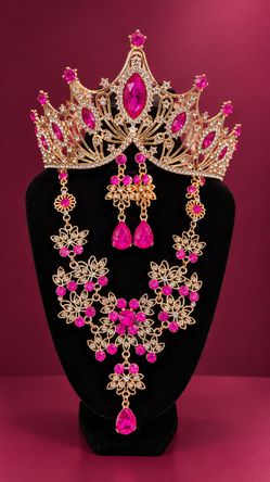 NWT Hot Pink & Gold Crystal Tiara Crown + Necklace & Earrings Set - Brand New