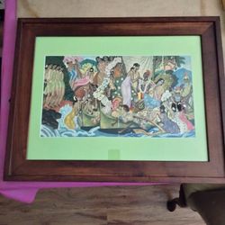 1950S HAWAIIAN LITHOGRAPH FROM MATSON LINES CAPTAIN'S DINNER MENU BY EUGENE SAVAGE IN MAHOGANY FRAME GLASS COVER AND DUST COVER