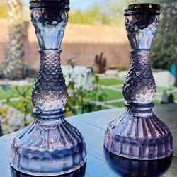 Amethyst Glass And Silver Candlesticks