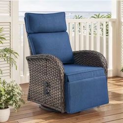 SleekArm Brown 1-Piece Wicker Outdoor Recliner with Olefin Blue Cushions and Flat Armrests Patio Swivel Chair