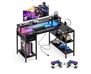 47 Inch Reversible L Shaped Computer Desk with Power Outlets Monitor Stand Black