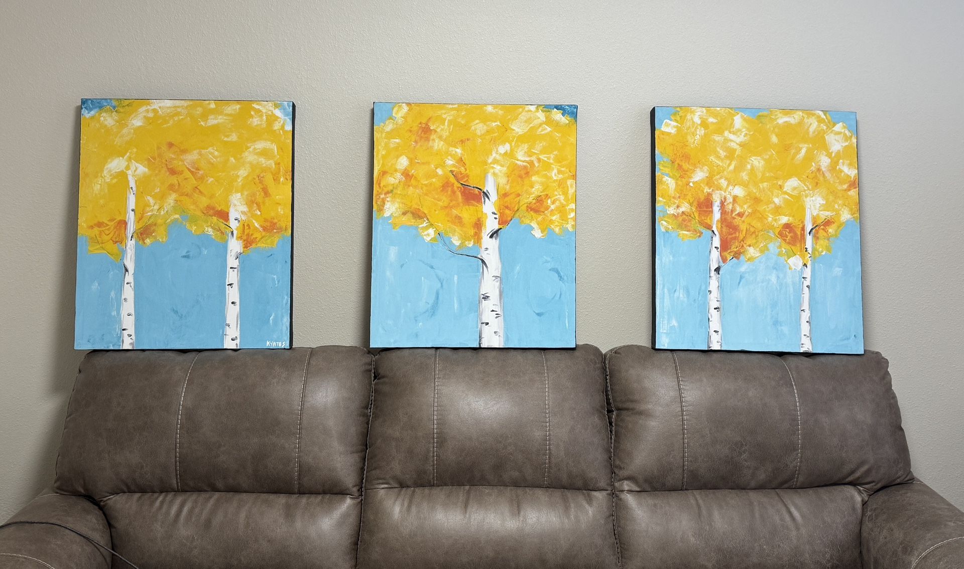 Three 20x24 Paintings Birch Trees Acrylic On Canvas