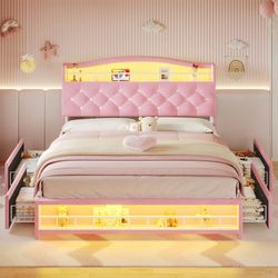 Full Size Bed Frame with LED Lights Headboard,4 Drawers,Charging Station,Guardrail,Crystal Button,Princess Velvet Upholstered Platform Bed