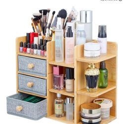 Elegant Bamboo Makeup Storage with 3 Fabric Drawers