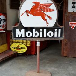 1940s 1950s Double Sided Porcelain Mobiloil Lollipop Sign 