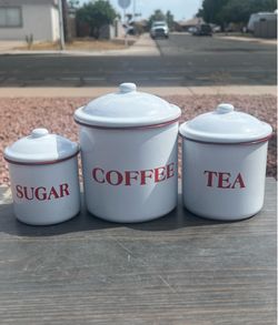 Vintage 3-Piece White Enamel Kitchenj Canister Set - Sugar, Coffee, Tea - Red Rim Farmhouse Style