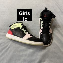 Girls 1c Nike Air Jordan 1 Mid  Glow In The Dark Sneaker Shoes 