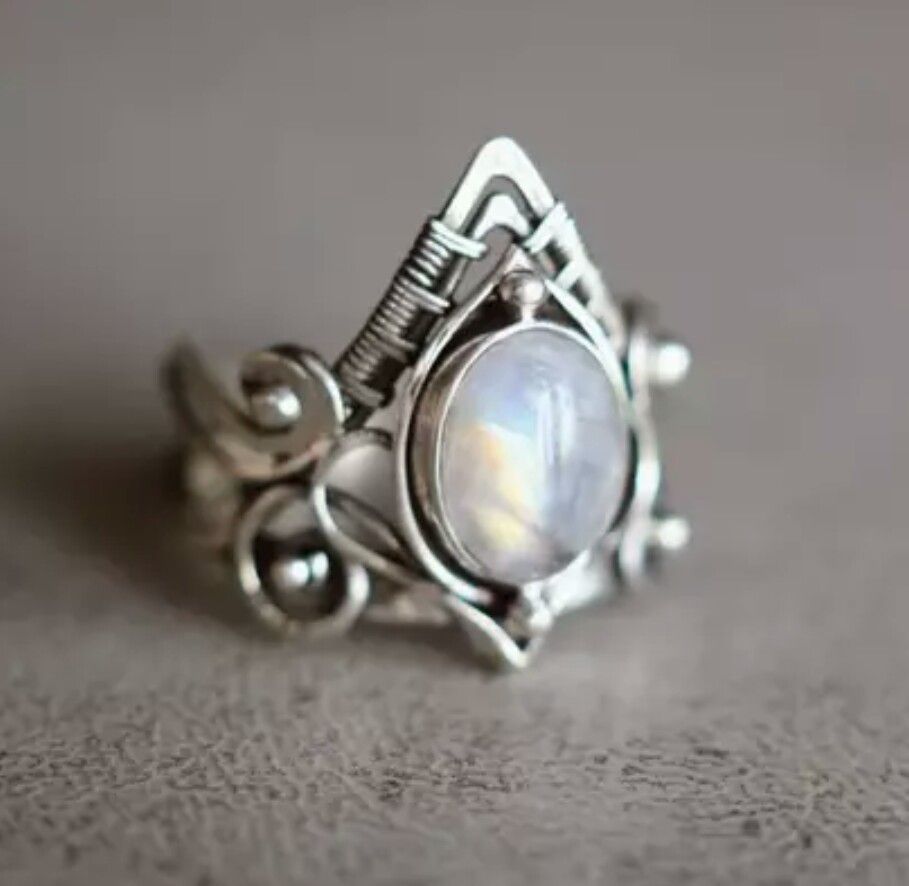 New Silver Moonstone Party Wedding Band Ring with Box
