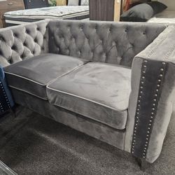 Brand New Gray/Blue Velvet Or Charcoal Linen Loveseat