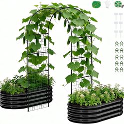 DoCred 3 in 1 Raised Garden Bed with 87in Tall Arch Trellis for Climbing Plants, Galvanized Planter Garden Box Outdoor for Gardening, Climbing Vegetab
