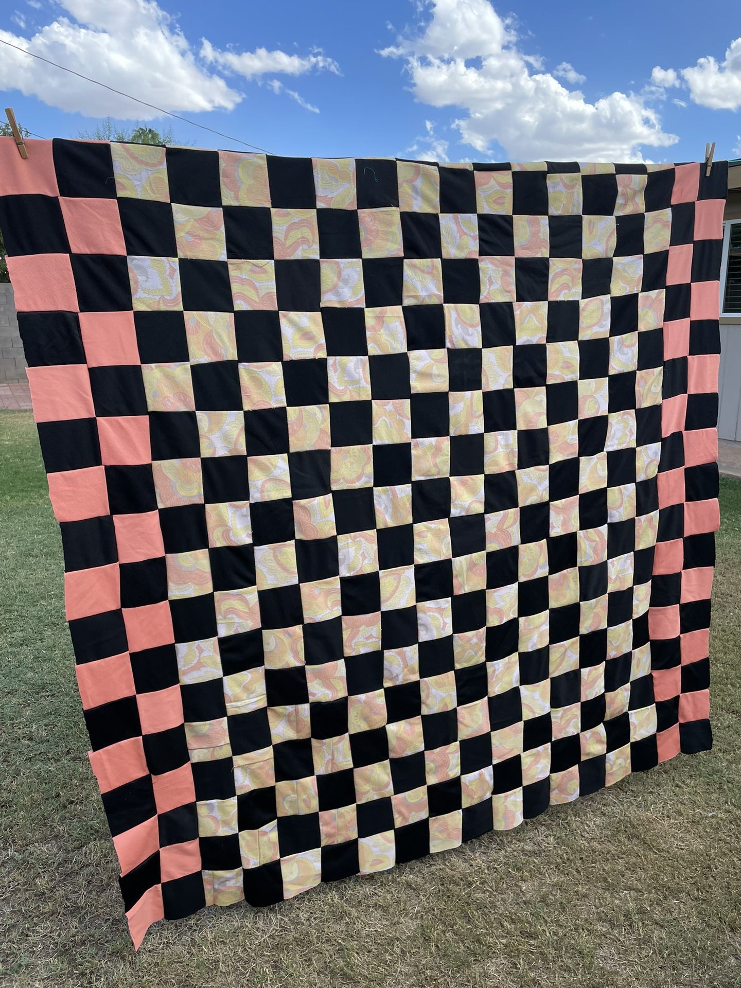 Vintage POLYESTER PATCHWORK QUILT TOP ONLY UNFINISHED 72x80 FALL COLORS 