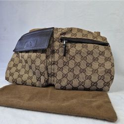 Gucci GG Canvas Belt Bag Fanny Pack Waist Pouch Brown Web Strap Authentic