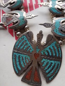 vintage Zuni Native American squash blossom sterling silver necklace with turquoise