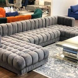 Brand New/ Gray Velvet Double Chaise Sectional, Seccional, Couch 