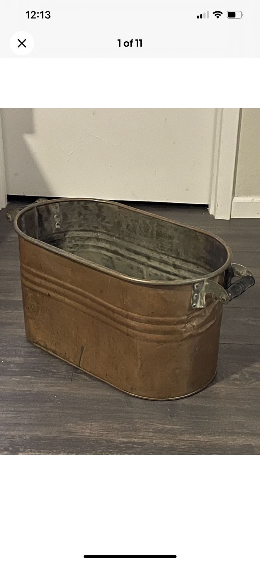Vintage Antique Farmhouse Primitive Copper Boiler Wash Tub with Wood Handles 