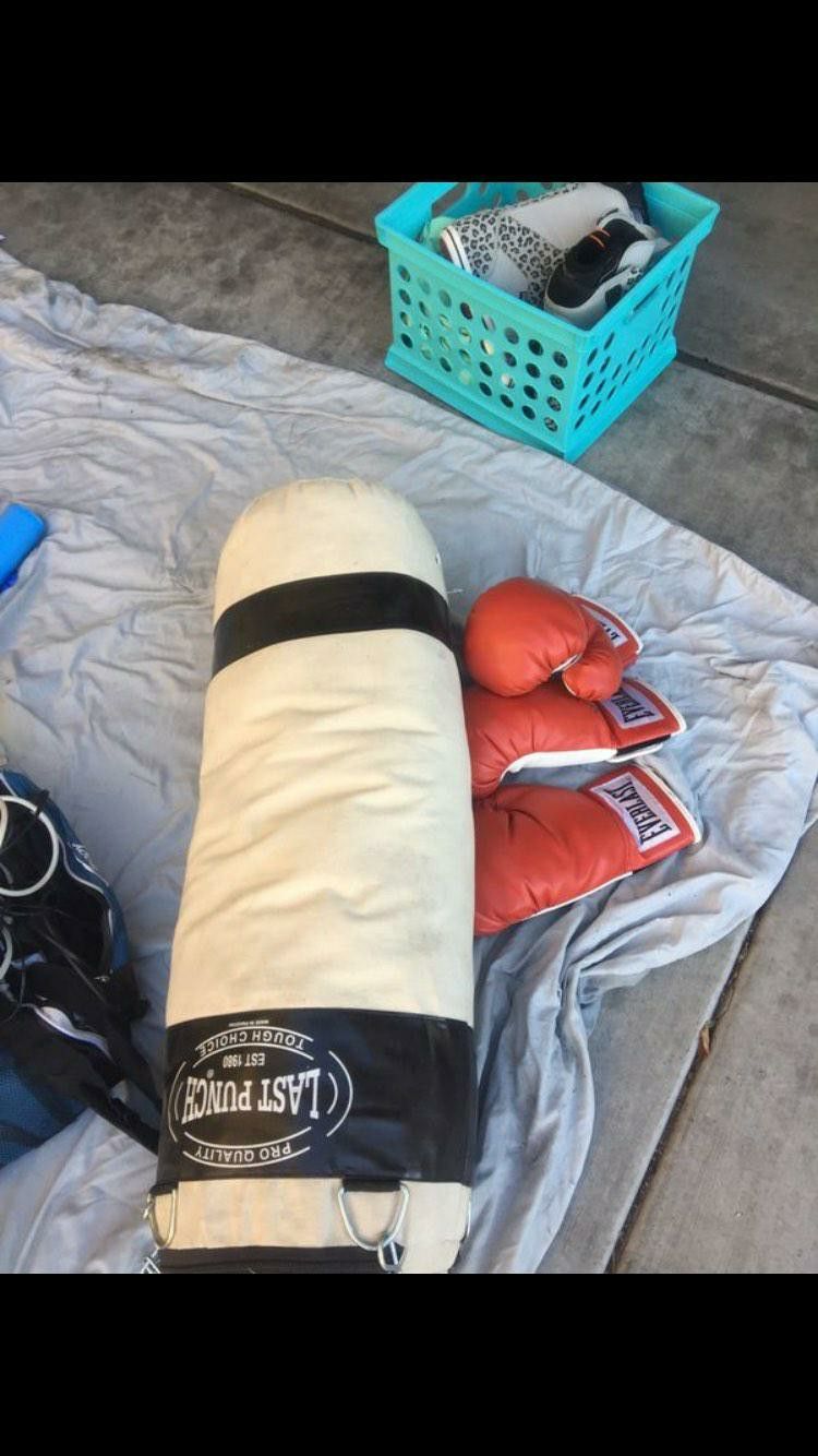 Punching bag and gloves.