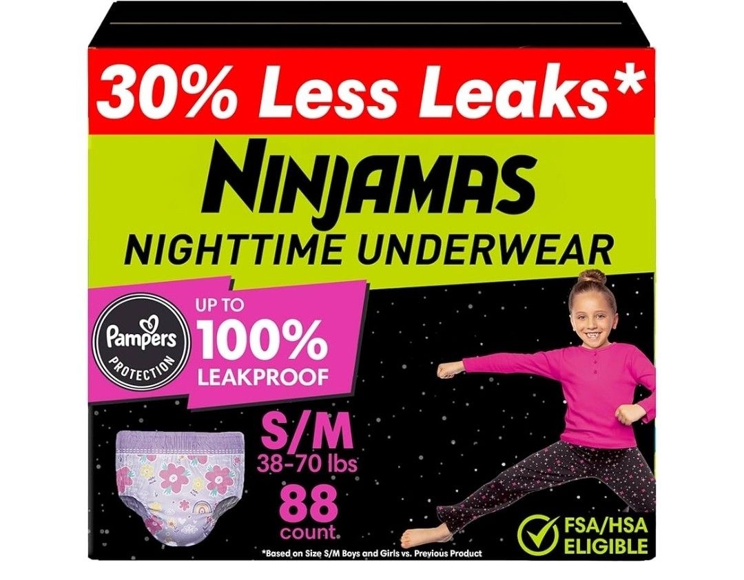 Ninjamas Girls Bedwetting Nighttime Underwear, Size S/M (38-70 lbs), 88 Count, Overnight Protection, Ultra Absorbent, Hypoallergenic