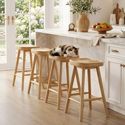 Backless Counter Height Bar Stools Set of 4, 24’’ Rustic Farmhouse Wooden Saddle Stools Ergonomic-Seat Bar Chairs, Bar Height Barstools fo