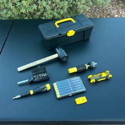 Set of 8 homeowner's tools from the Stanley brand & others in a black plastic tool case - used - in great condition.