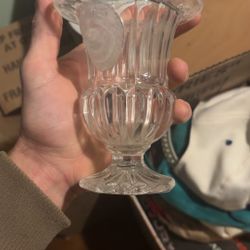 Vintage Bombay Crystal Vase With Frosted Lion Heads 