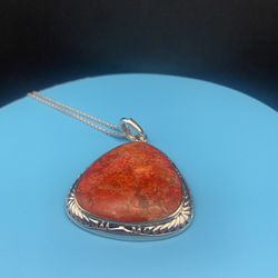 Sterling Silver Red Coral Pendant And Adjustable Necklace 