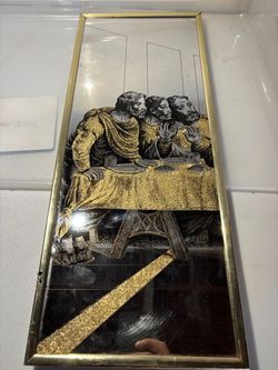 Vintage Last Supper Religious Wall Mirror Black & Gold Framed 20” x 8”