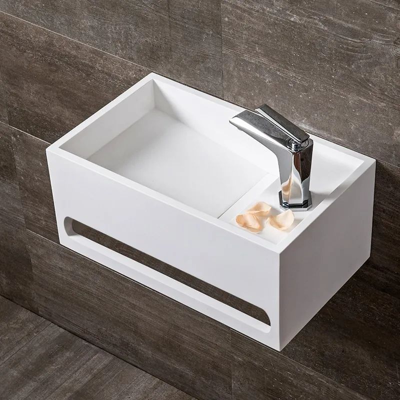 Stone Resin Solid Wall-Hung Bathroom Ramped Sink With Towel Bar In Matte White-837