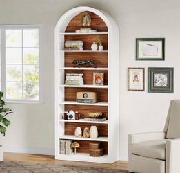 New assembled 79.5" White Arched Bookshelf, Modern Tall Arched Bookcase with Storage Shelves, 8-Tier Floor Standing Open Display Shelving Unit for Liv