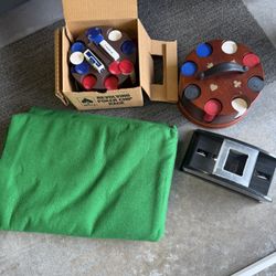 Two Full Poker Chip Sets & Nice Cases, A Card Shuffler, And A Velvet Covering For Playing