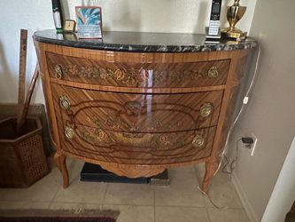 French inspired Louis XV style floral inlaid marble top dresser