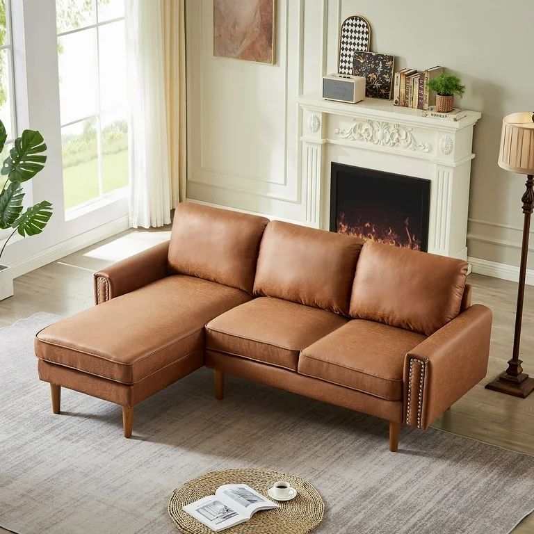 82.2*55.12*33.86 Mid-Century L-Shape Sofa Couch with Chaise and Copper Nails Brown - Left Facing