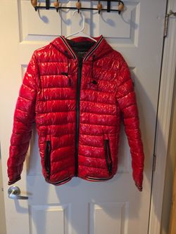 Calvin Klein Shiny Glossy Puffer Jacket - Hooded - Vibrant Red - Size Small (Fits like Medium) - Mint Condition