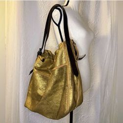 Anthropologie Holding horses metallic gold leather large purse
