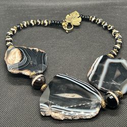 Vintage Tigers Eye Color Beaded Necklace w/ Large Granite Style Pendants