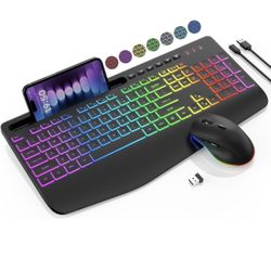 Wireless Keyboard and Mouse Combo - 9 Backlit Effects, RGB, Ergonomic Wrist Rest, Phone Holder, 2.4G Full Size, Rechargeable, Sleep Mode, Quiet Keyboa