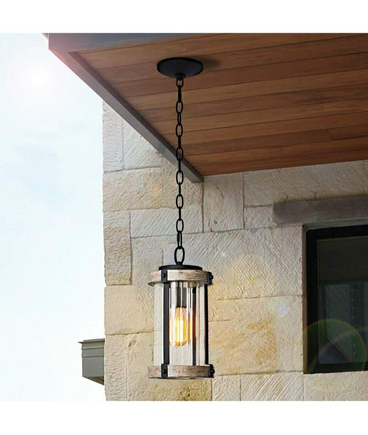 MOTINI Outdoor Pendant Light Fixture for Porch, 1-Light Exterior Hanging Lantern in Black and Wood Finish with Clear Ribbed Glass, Bulb Included

