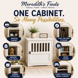 Versatile White Dog Crate Cabinet | Printer Stand | Vinyl Record Storage | Hidden Litter Box | 19x20x20.25