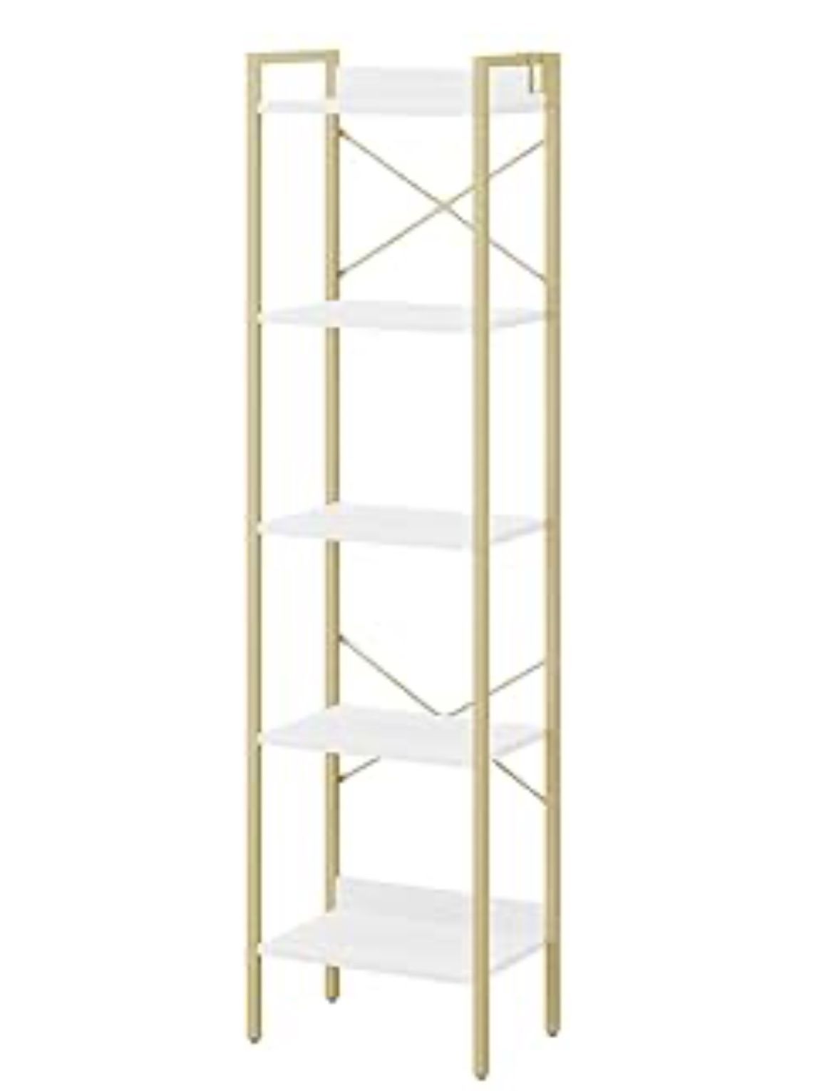 Bookshelf, Book Shelf, Industrial Bookcase with 2 Hooks, Coner Shelf Storage Organizer for Home Office, Living Room, Bedroom, Kitchen, 5-Tier White Go
