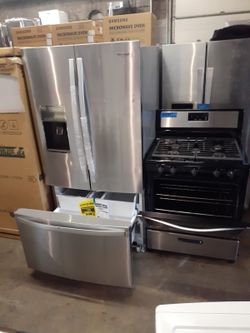2 pc set new scratch and dent Whirlpool french doors fridge and gas stove stainless steel with 6 months warranty